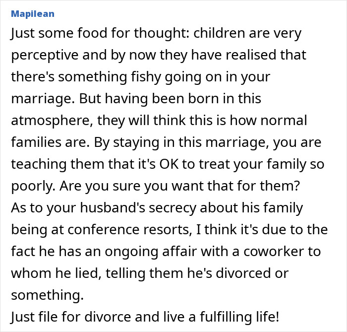 Alt text: Man prioritizes work over family, pretending not to have one, while wife is aware and wants to stay in the marriage.