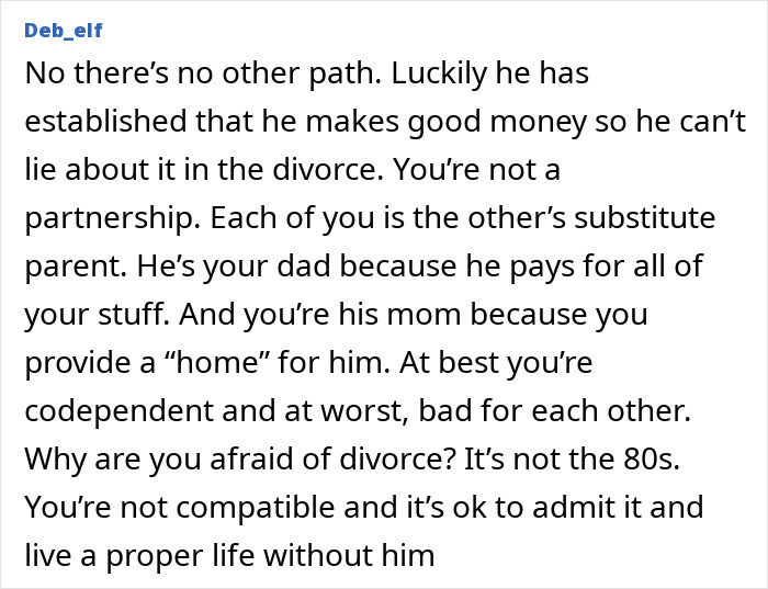 Text from online comment discussing a man prioritizing work over family, with wife aware and conflicted about divorce.