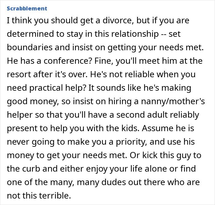 Text advice about a man prioritizing work over family with suggestions for setting boundaries and seeking support.