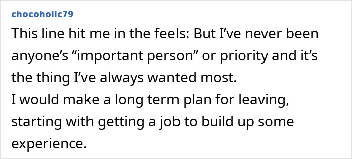 Text post discussing feelings of not being a priority and making a plan to leave by gaining job experience.