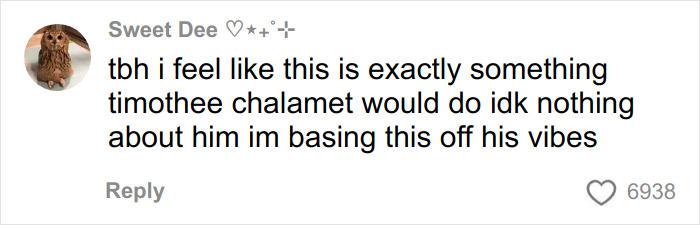 Screenshot of a social media comment suggesting Timothée Chalamet vibes match those of masked rapper EsDeeKid. Screenshot of a social media comment suggesting Timothée Chalamet vibes match those of masked rapper EsDeeKid.