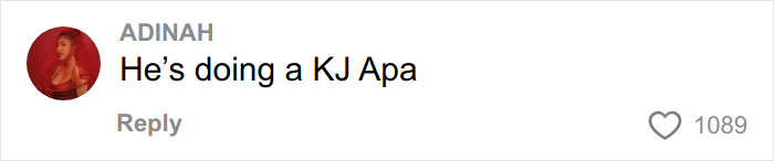 Comment on social media with text He’s doing a KJ Apa and 1089 likes, discussing fans' theory about Timothée Chalamet and masked rapper EsDeeKid. Comment on social media with text He’s doing a KJ Apa and 1089 likes, discussing fans' theory about Timothée Chalamet and masked rapper EsDeeKid.