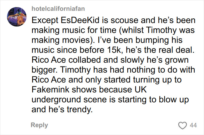 Screenshot of social media comment discussing fans convinced Timothée Chalamet is secretly masked rapper EsDeeKid. Screenshot of social media comment discussing fans convinced Timothée Chalamet is secretly masked rapper EsDeeKid.