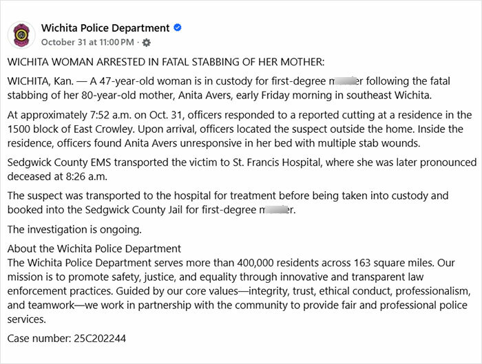 Wichita Police Department post about a woman arrested for fatal stabbing of her mother on Halloween. Wichita Police Department post about a woman arrested for fatal stabbing of her mother on Halloween.