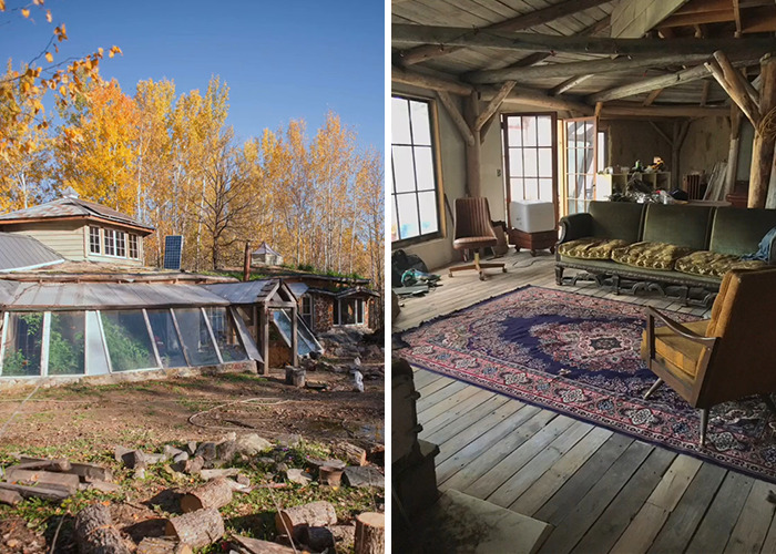 Rustic cabin in the woods with worn exterior and vintage interior, raising safety concerns among viewers online. Rustic cabin in the woods with worn exterior and vintage interior, raising safety concerns among viewers online.