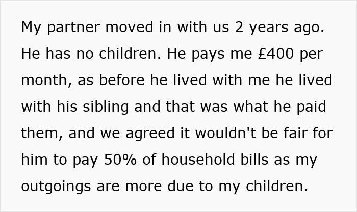 Text describing a woman’s experience with a jobless partner who pays less than his share of household expenses. Text describing a woman’s experience with a jobless partner who pays less than his share of household expenses.