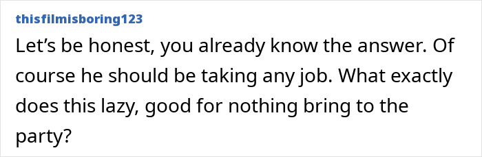 Comment criticizing a jobless partner who contributes nothing, emphasizing the woman’s realization and decision. Comment criticizing a jobless partner who contributes nothing, emphasizing the woman’s realization and decision.