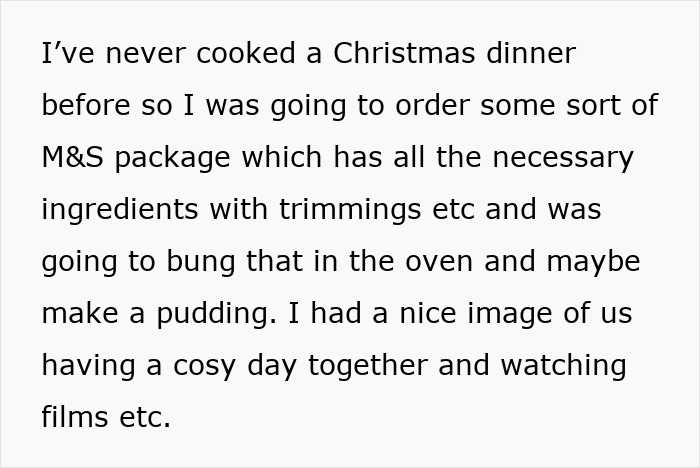 Text on a screen describing a woman who doesn’t want to cook a foreign traditional Christmas spread for a cozy day. Text on a screen describing a woman who doesn’t want to cook a foreign traditional Christmas spread for a cozy day.