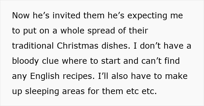 Text excerpt showing a woman expressing reluctance to cook a foreign traditional Christmas spread with no English recipes available. Text excerpt showing a woman expressing reluctance to cook a foreign traditional Christmas spread with no English recipes available.