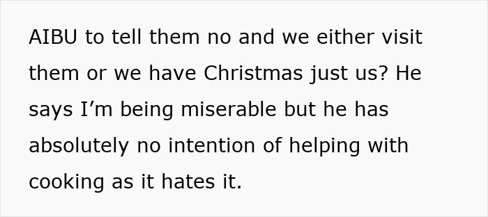 Text on white background about Christmas cooking, expressing frustration that woman doesn't want to cook traditional foreign Christmas spread. Text on white background about Christmas cooking, expressing frustration that woman doesn't want to cook traditional foreign Christmas spread.