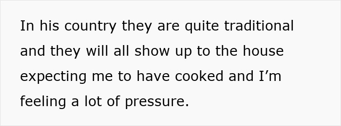 Text on a white background reads a woman feeling pressure as others expect her to cook a foreign traditional Christmas spread. Text on a white background reads a woman feeling pressure as others expect her to cook a foreign traditional Christmas spread.