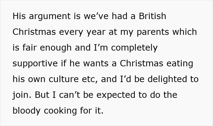 Text excerpt about a woman who doesn’t want to cook a foreign traditional Christmas spread despite support for cultural meals. Text excerpt about a woman who doesn’t want to cook a foreign traditional Christmas spread despite support for cultural meals.