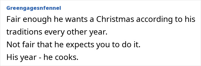 Text excerpt about a woman who doesn’t want to cook a foreign traditional Christmas spread, discussing fairness in holiday cooking roles. Text excerpt about a woman who doesn’t want to cook a foreign traditional Christmas spread, discussing fairness in holiday cooking roles.