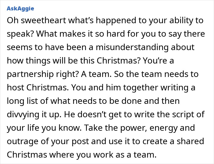 Woman refuses to cook traditional Christmas spread, expressing frustration over holiday hosting and teamwork responsibilities. Woman refuses to cook traditional Christmas spread, expressing frustration over holiday hosting and teamwork responsibilities.