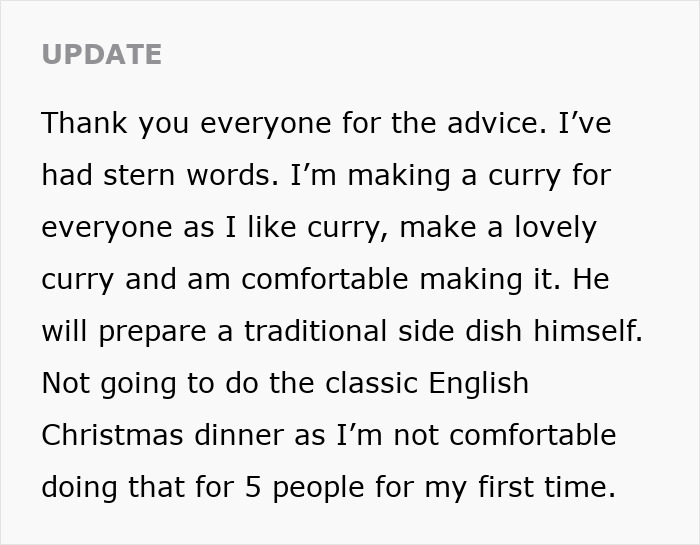Text update about woman who doesn’t want to cook a foreign traditional Christmas spread, choosing curry instead for comfort. Text update about woman who doesn’t want to cook a foreign traditional Christmas spread, choosing curry instead for comfort.
