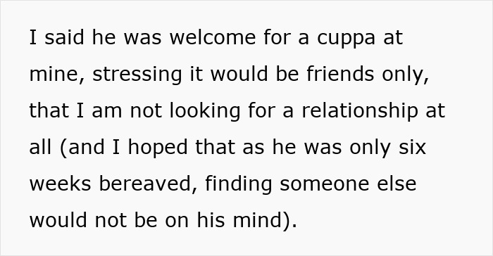 Text excerpt about a woman giving lonely widower company, worried as he fixates and starts appearing everywhere she goes. Text excerpt about a woman giving lonely widower company, worried as he fixates and starts appearing everywhere she goes.