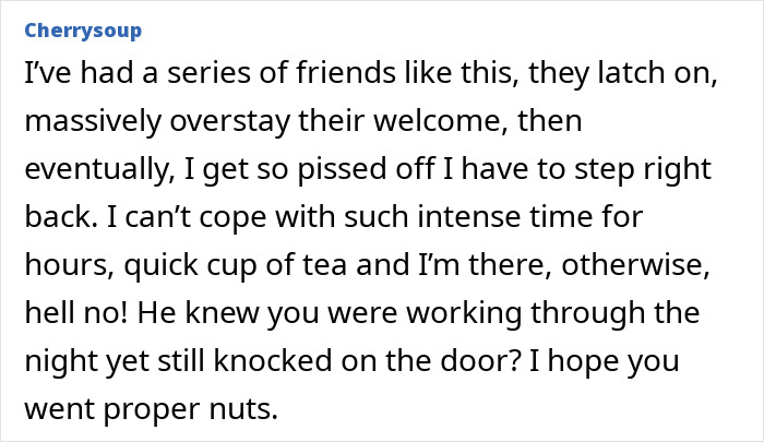 Text post showing user reminiscing about friends who overstay their welcome and cause frustration and stress. Text post showing user reminiscing about friends who overstay their welcome and cause frustration and stress.