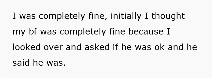 Text excerpt from a story showing a boyfriend initially thought to be fine after a car crash involving a nurse girlfriend. Text excerpt from a story showing a boyfriend initially thought to be fine after a car crash involving a nurse girlfriend.
