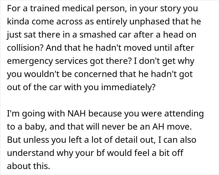 Text excerpt discussing a guy upset his nurse girlfriend prioritized dogs and a baby during a car crash, sharing perspectives. Text excerpt discussing a guy upset his nurse girlfriend prioritized dogs and a baby during a car crash, sharing perspectives.