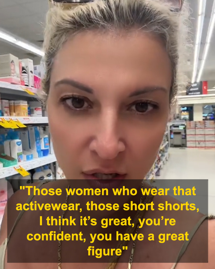 Woman in store making a viral rant about decency in public and the controversial activewear trend. Woman in store making a viral rant about decency in public and the controversial activewear trend.