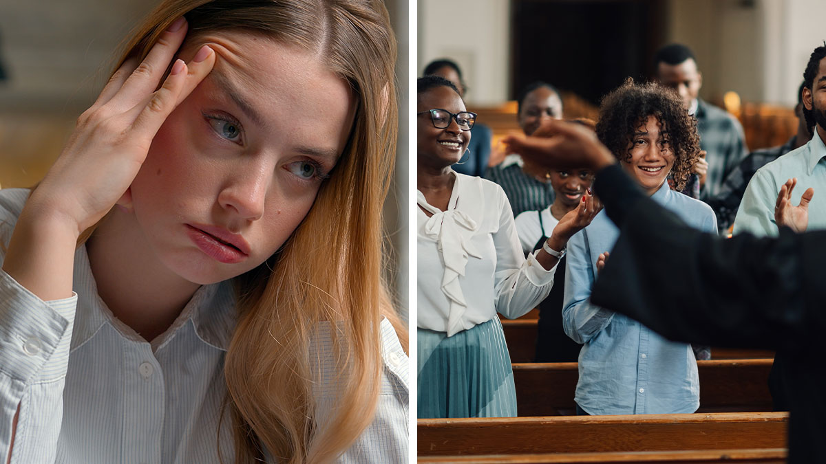 Upset woman refusing to pray while a group attends church, representing MIL making son's girlfriend sleep separately.