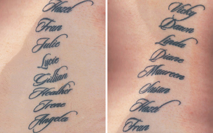 Close-up of a woman's tattoo featuring multiple names, illustrating a controversial feminist tattoo rule dividing the internet. Close-up of a woman's tattoo featuring multiple names, illustrating a controversial feminist tattoo rule dividing the internet.