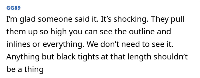 Comment expressing shock about the activewear trend and criticizing black tights worn at a short length. Comment expressing shock about the activewear trend and criticizing black tights worn at a short length.