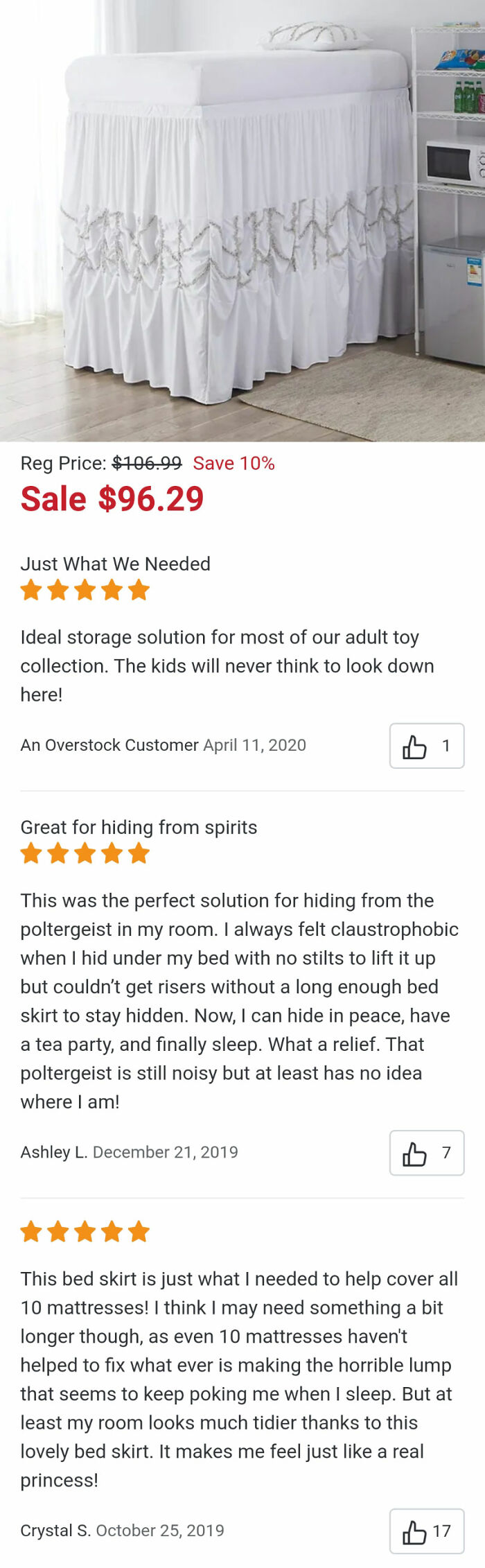 White bed skirt with ruffles in a tidy room shown with hilarious unhinged reviews outperforming advertisements.