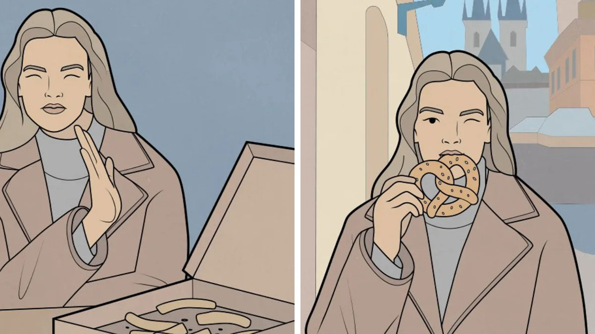 Illustration of a woman humorously rejecting and then eating pretzels, capturing modern lifeu2019s strangeness in funny comics.