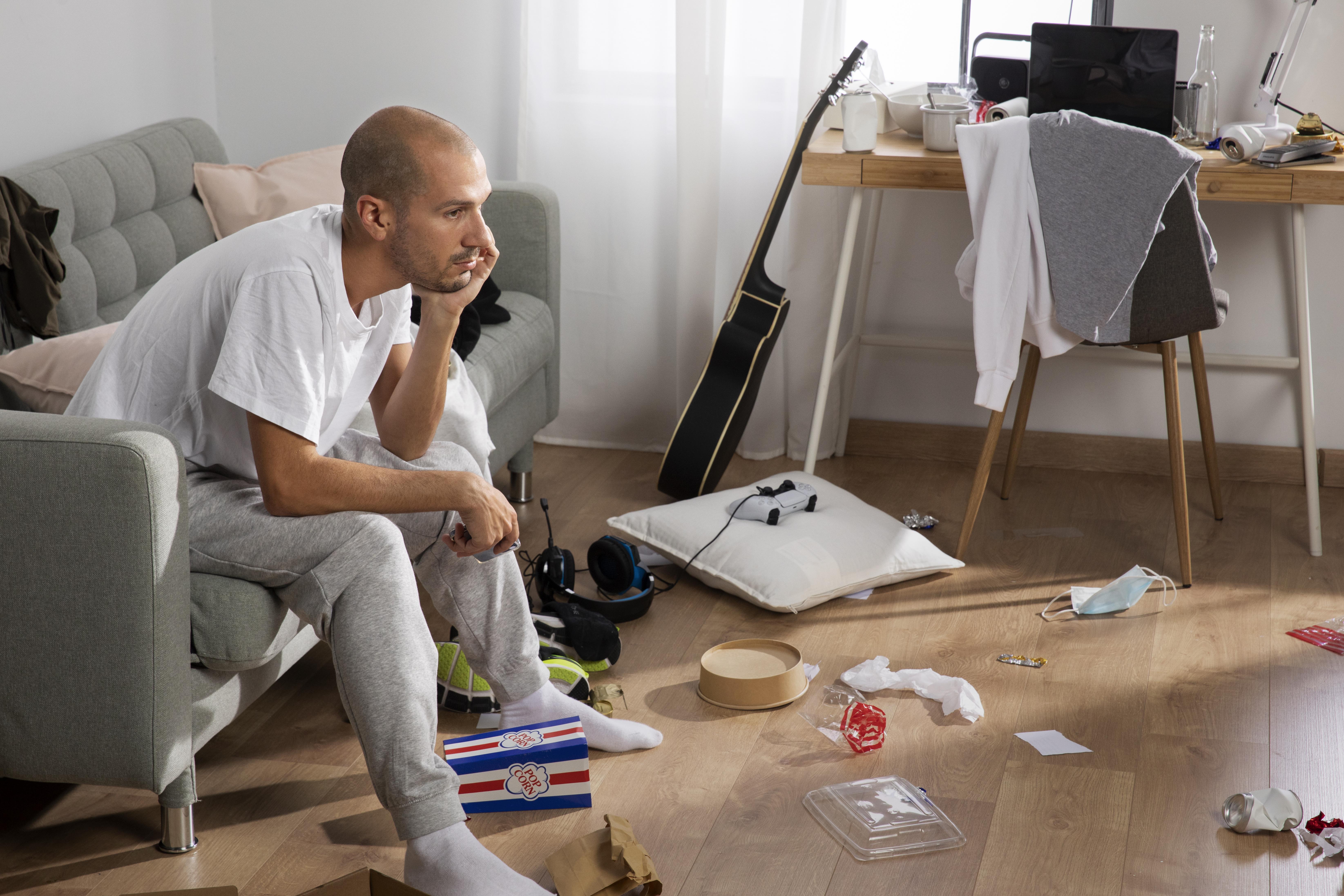 Man sitting on messy couch, looking frustrated in cluttered room, reflecting on how he treats wife like his servant. Man sitting on messy couch, looking frustrated in cluttered room, reflecting on how he treats wife like his servant.