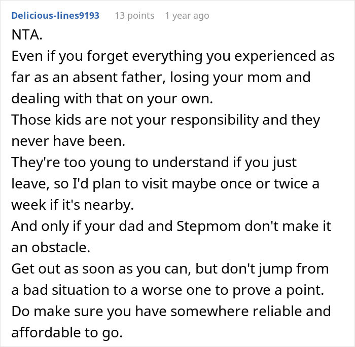 Screenshot of a Reddit comment discussing a teen refusing to babysit step-siblings and the father's angry reaction.