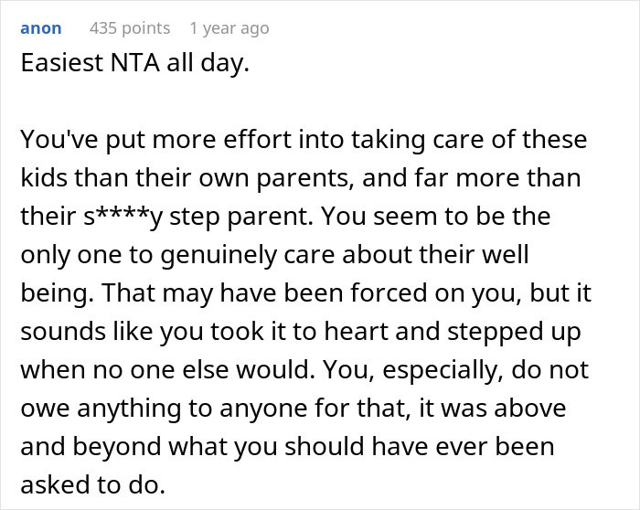 Screenshot of an online comment defending a teen refusing to babysit step-siblings, highlighting family care struggles.