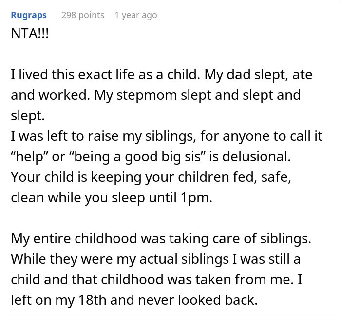 Comment from user sharing experience of raising siblings and refusing to babysit step-siblings, highlighting family tension.