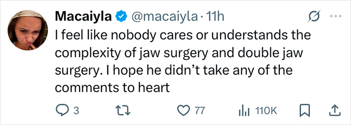 Twitter post by Macaiyla discussing jaw surgery complexity related to Zac Efron's back to normal face and expert opinions. Twitter post by Macaiyla discussing jaw surgery complexity related to Zac Efron's back to normal face and expert opinions.