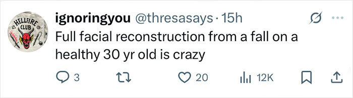 Tweet from ignoringyou commenting on Zac Efron's back to normal face after facial reconstruction at age 30. Tweet from ignoringyou commenting on Zac Efron's back to normal face after facial reconstruction at age 30.