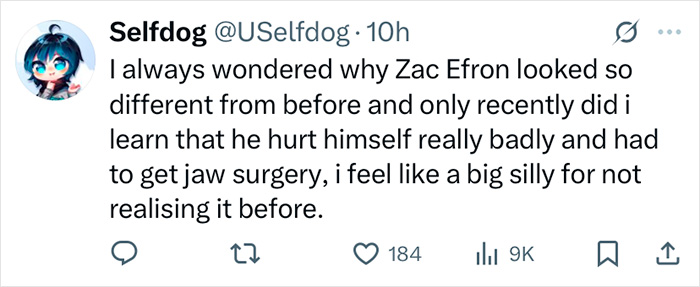 Tweet discussing Zac Efron's changed appearance after jaw surgery, sparking conversation and expert opinions. Tweet discussing Zac Efron's changed appearance after jaw surgery, sparking conversation and expert opinions.
