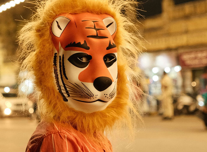 Person wearing a detailed tiger mask and orange outfit, representing a zoo-themed costume or event at night.