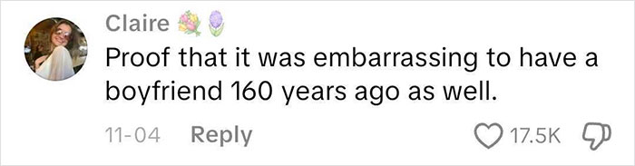 Comment from Claire noting that having an embarrassing boyfriend was common 160 years ago in Victorian times. Comment from Claire noting that having an embarrassing boyfriend was common 160 years ago in Victorian times.
