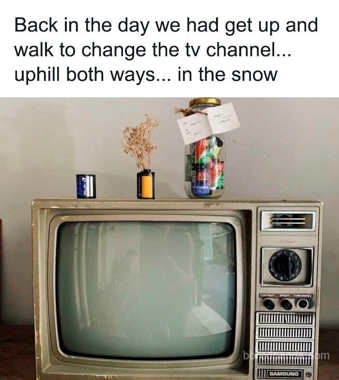 Vintage TV with humor about walking uphill in snow to change channels, illustrating funny memes to brighten cold winter days.
