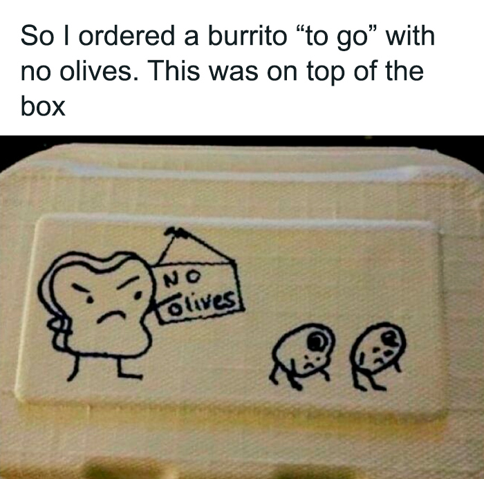 Funny meme showing a burrito box with a drawing of angry bread holding a no olives sign for winter days humor.