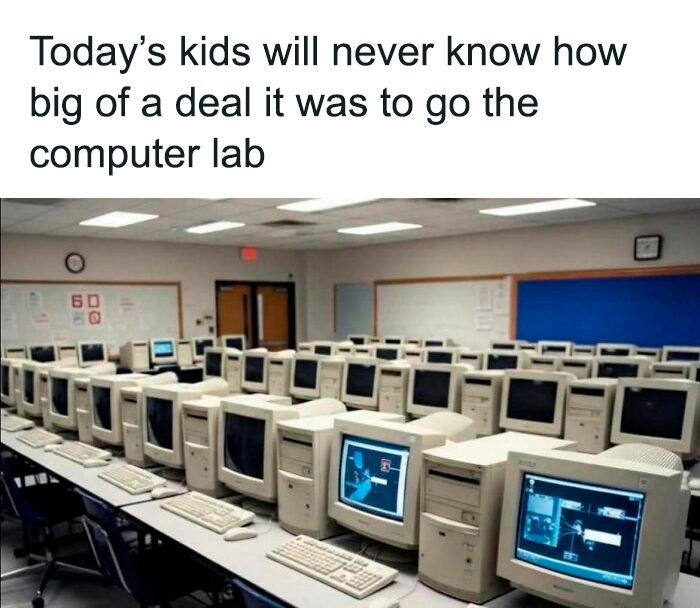 Vintage computer lab with old desktop PCs, nostalgic scene from funny memes brightening dark and cold winter days