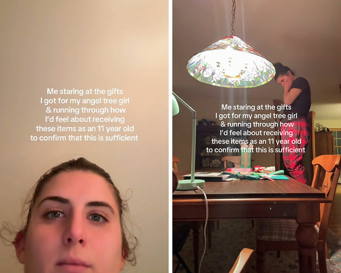 Woman having mixed emotions after buying Dollar Store items for child’s Angel Tree gift haul at a dining table. Woman having mixed emotions after buying Dollar Store items for child’s Angel Tree gift haul at a dining table.