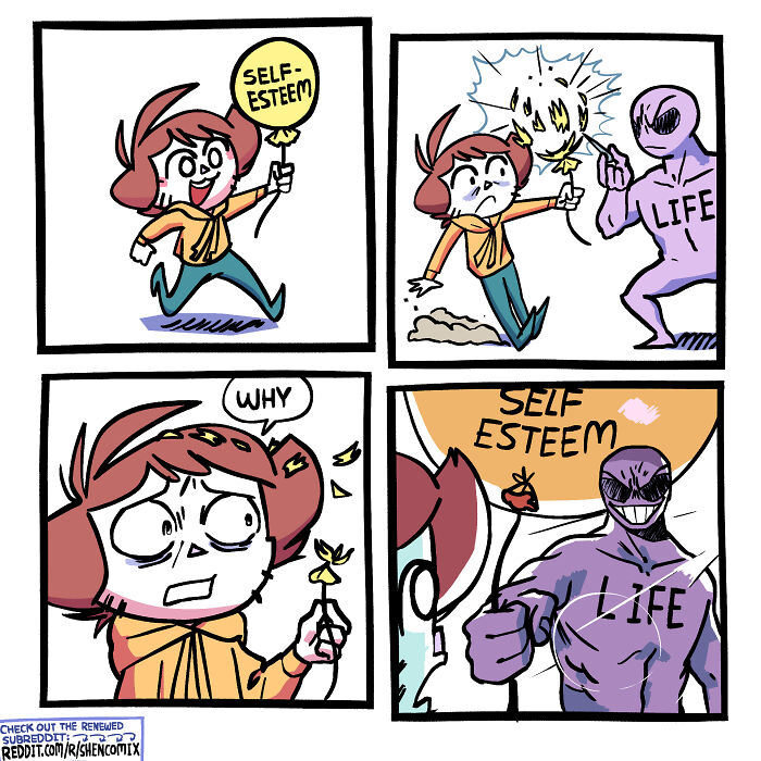 Comic by Shen Comix showing a character’s self-esteem balloon popped by a figure labeled life, depicting adult life challenges.