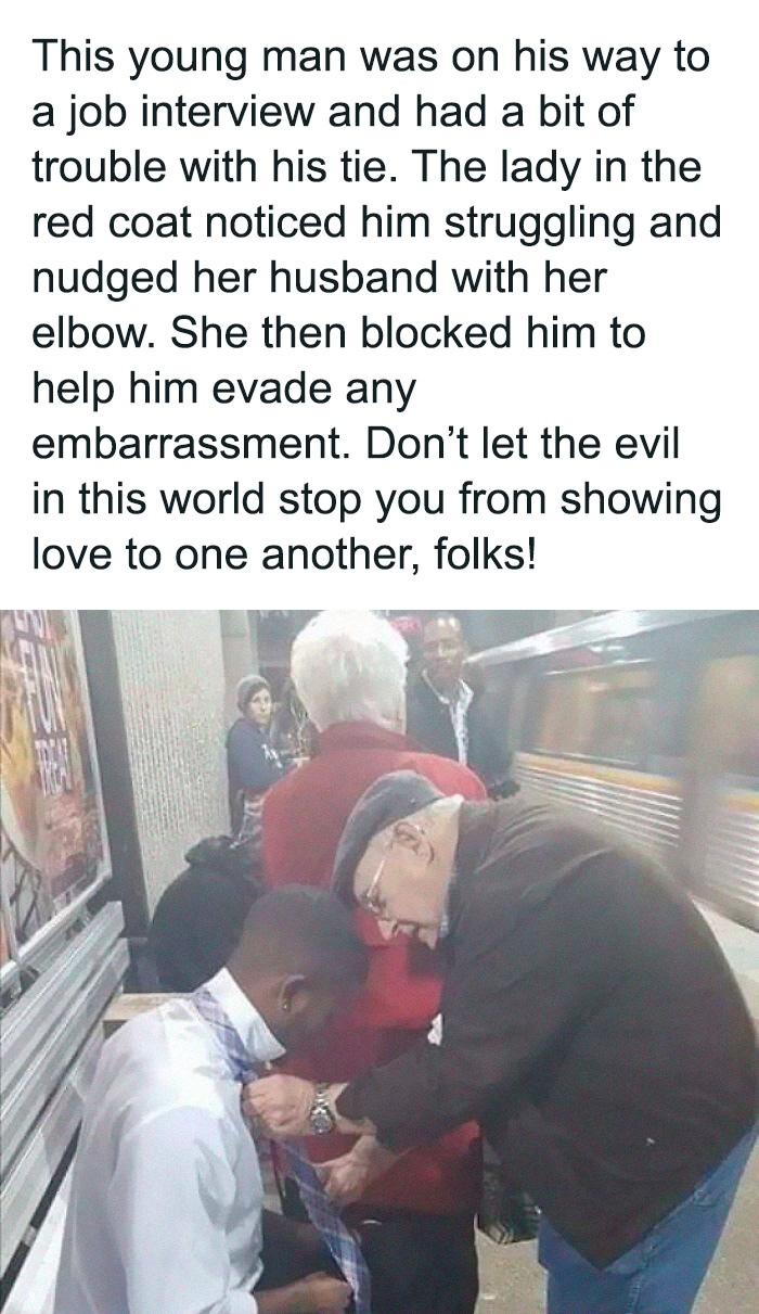 Young man helped with his tie by a kind couple at a subway station, showing sweet and wholesome moments to cleanse your feed.