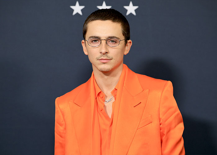 Timothée Chalamet wearing an orange suit and glasses, posing at an event under a dark backdrop with three stars. Timothée Chalamet wearing an orange suit and glasses, posing at an event under a dark backdrop with three stars.