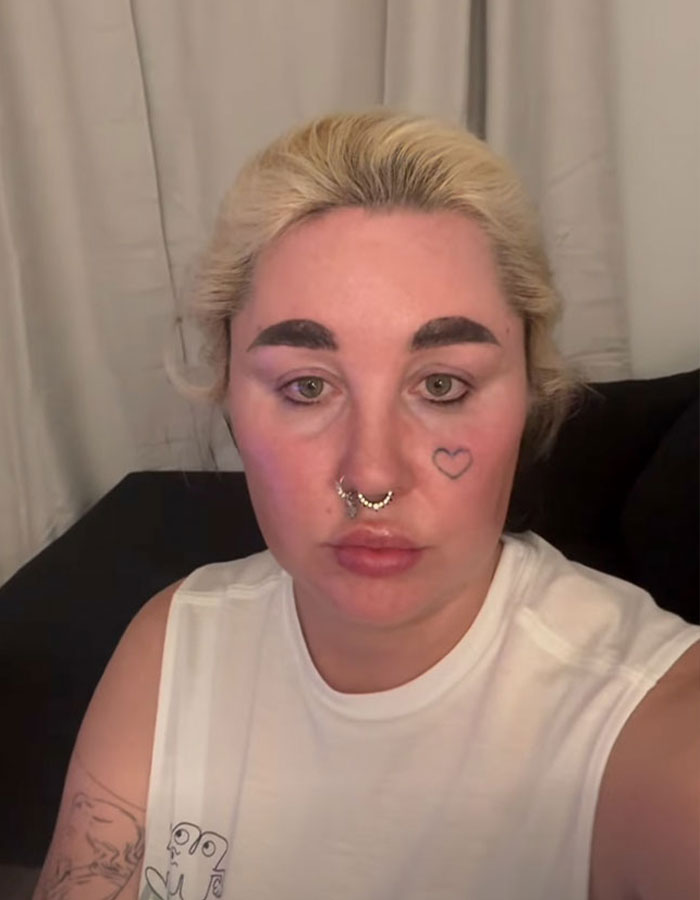 Amanda Bynes with septum piercings and heart tattoo, discussing injections after dramatic weight loss in a casual setting.