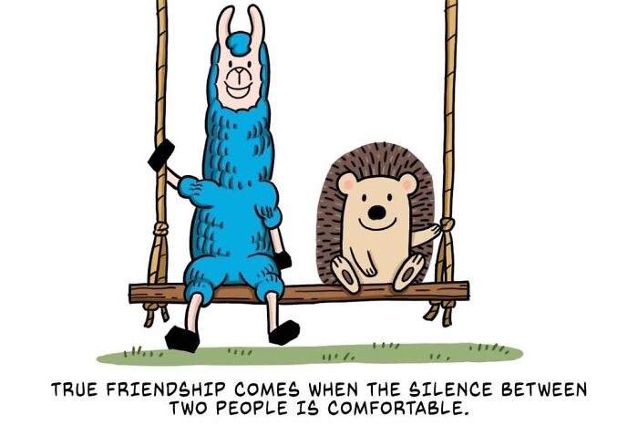 Blue llama and smiling hedgehog sitting together on a swing illustrating wholesome comics about friendship.