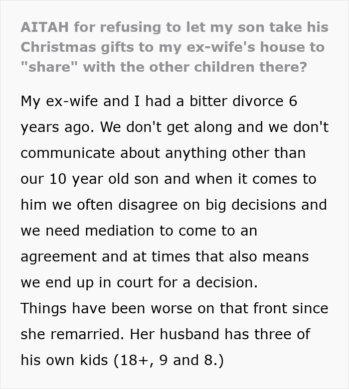 Text excerpt about a dad protecting his son’s gift from the ex’s new family amid ongoing family drama and conflict.