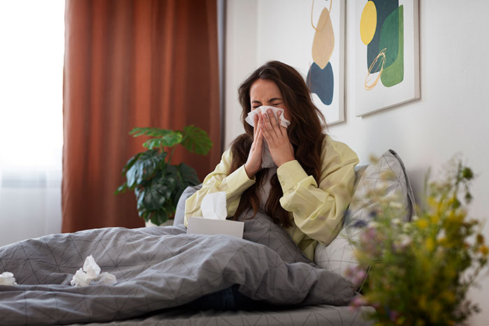 Woman sneezing into tissue in bed surrounded by used tissues, showing allergic reaction to grass in pillow prank. Woman sneezing into tissue in bed surrounded by used tissues, showing allergic reaction to grass in pillow prank.