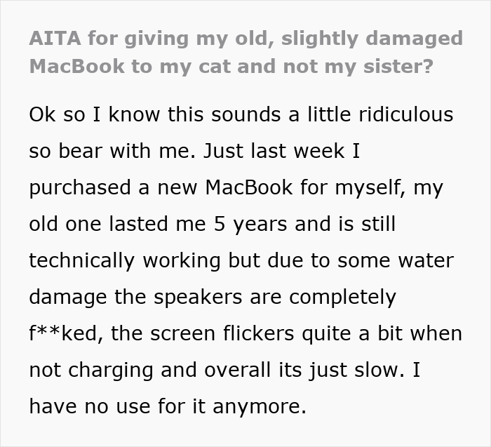 Alt text: Man’s old laptop with water damage and broken speakers given to cat instead of sister, sparking internet debate.